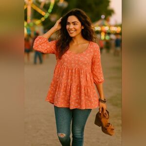 Ultra Flirt Coral Floral Babydoll Top Sz M Puff Sleeve Tiered Cottagecore Blouse